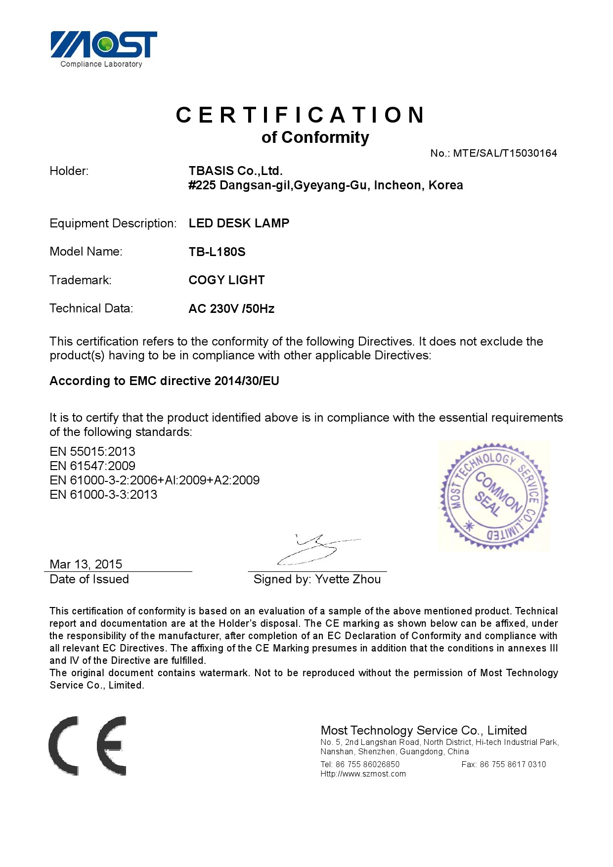 TB-L180S Certificate EMC